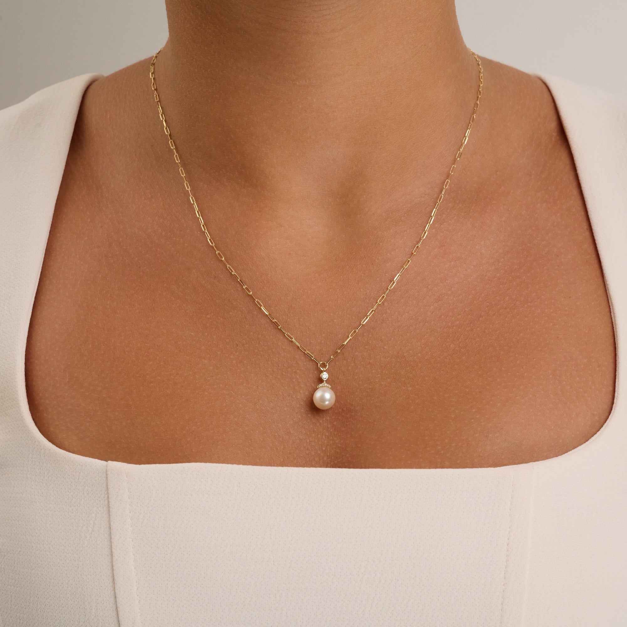 Cultured Pearl & Diamond Drop Necklace on Paper Clip Chain