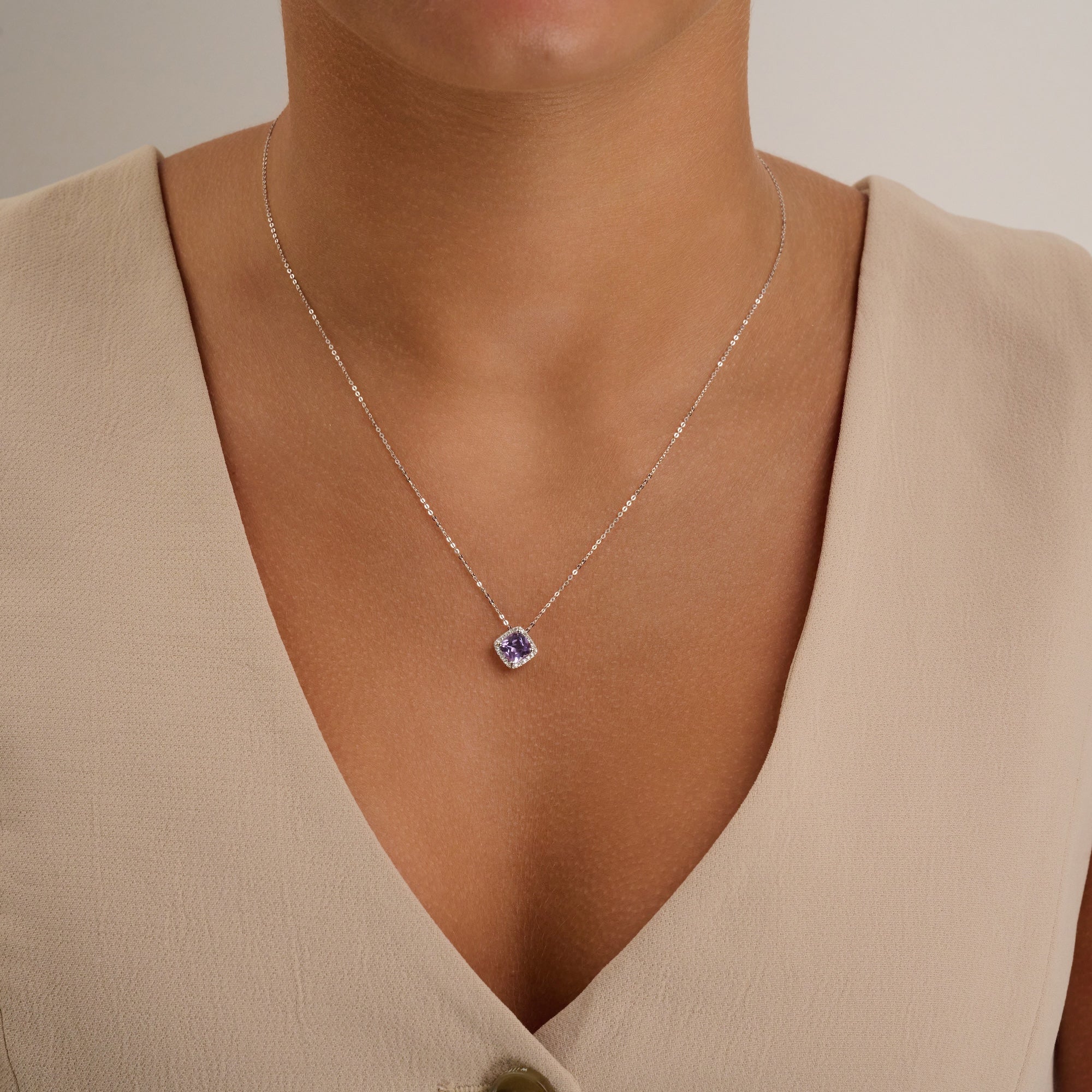 Cushion Cut Colored Stone Halo Diamond Pendant