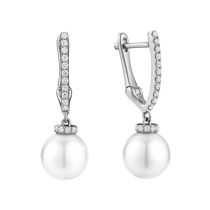 Cultured Pearl Hoops V Shape Diamond Dangle Earrings