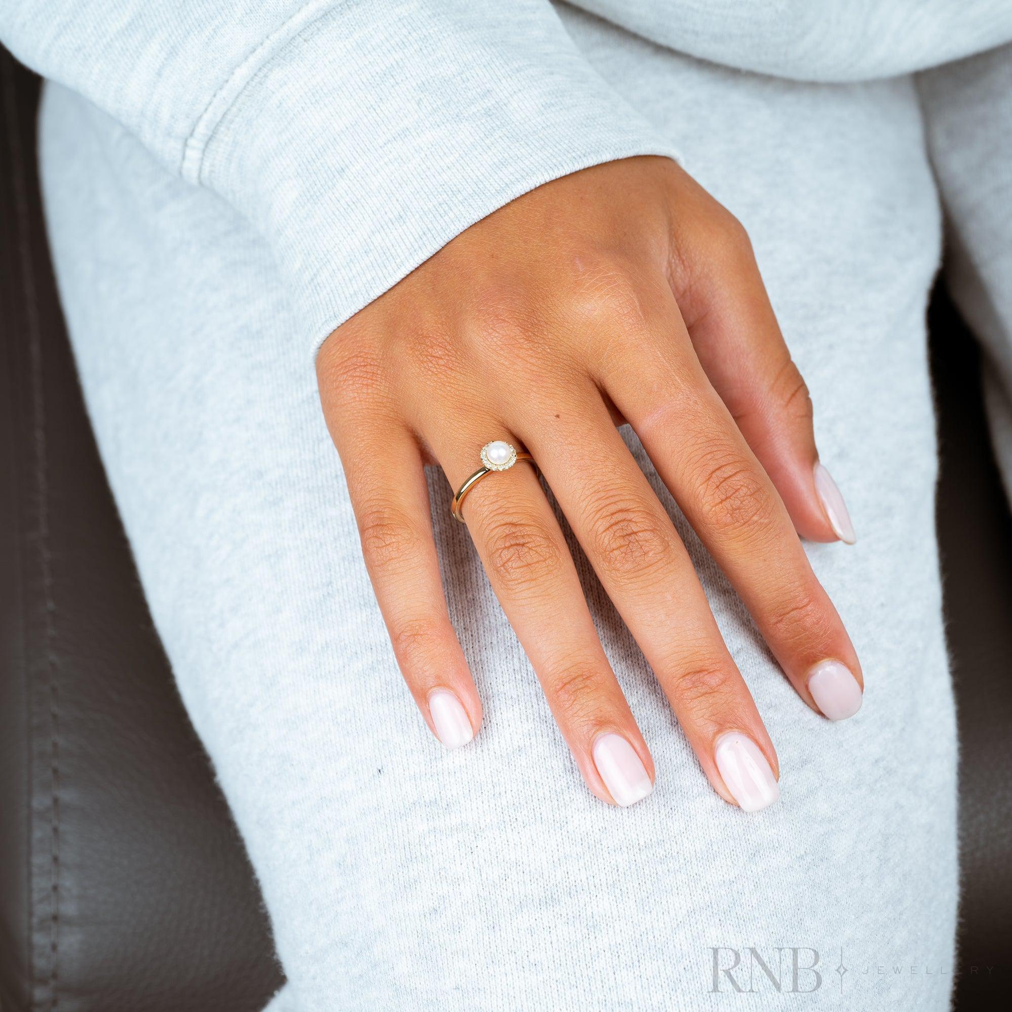 Pearl & Halo Diamond Ring-RNB Jewellery