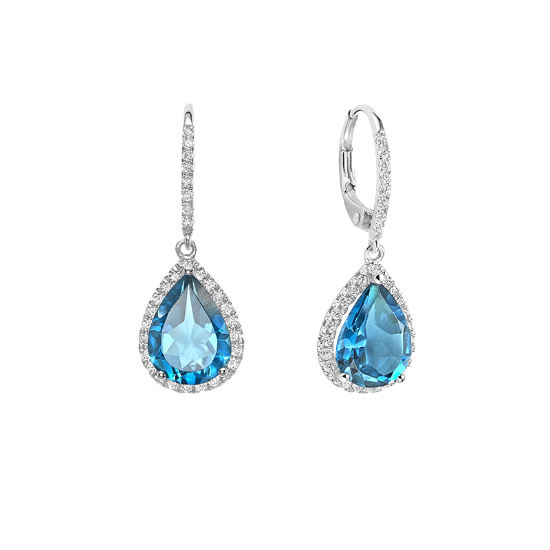 Pear Shape Precious Stone & Diamond Halo Dangle Earrings