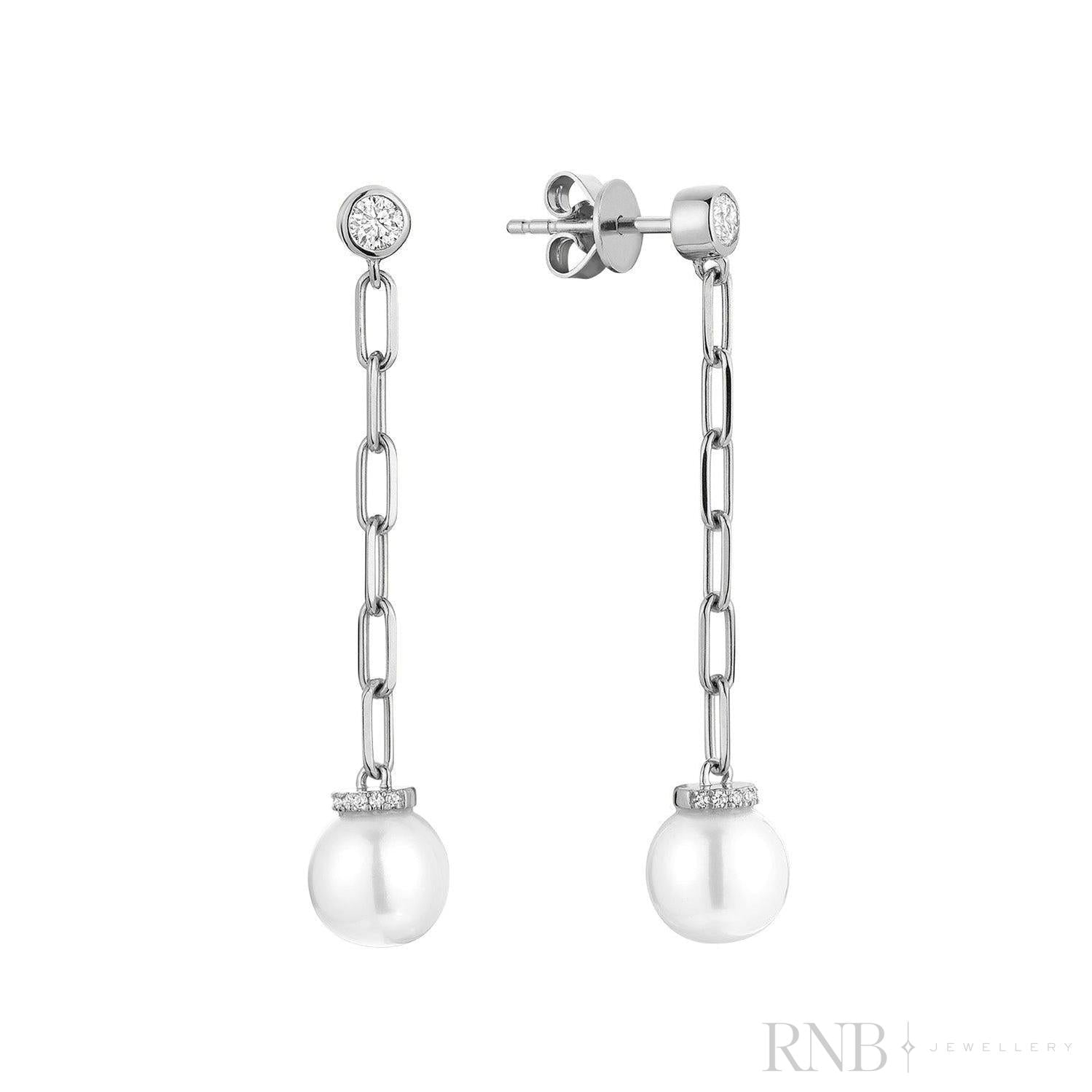 Pearl Paper Clip Diamond Dangle Earrings-RNB Jewellery