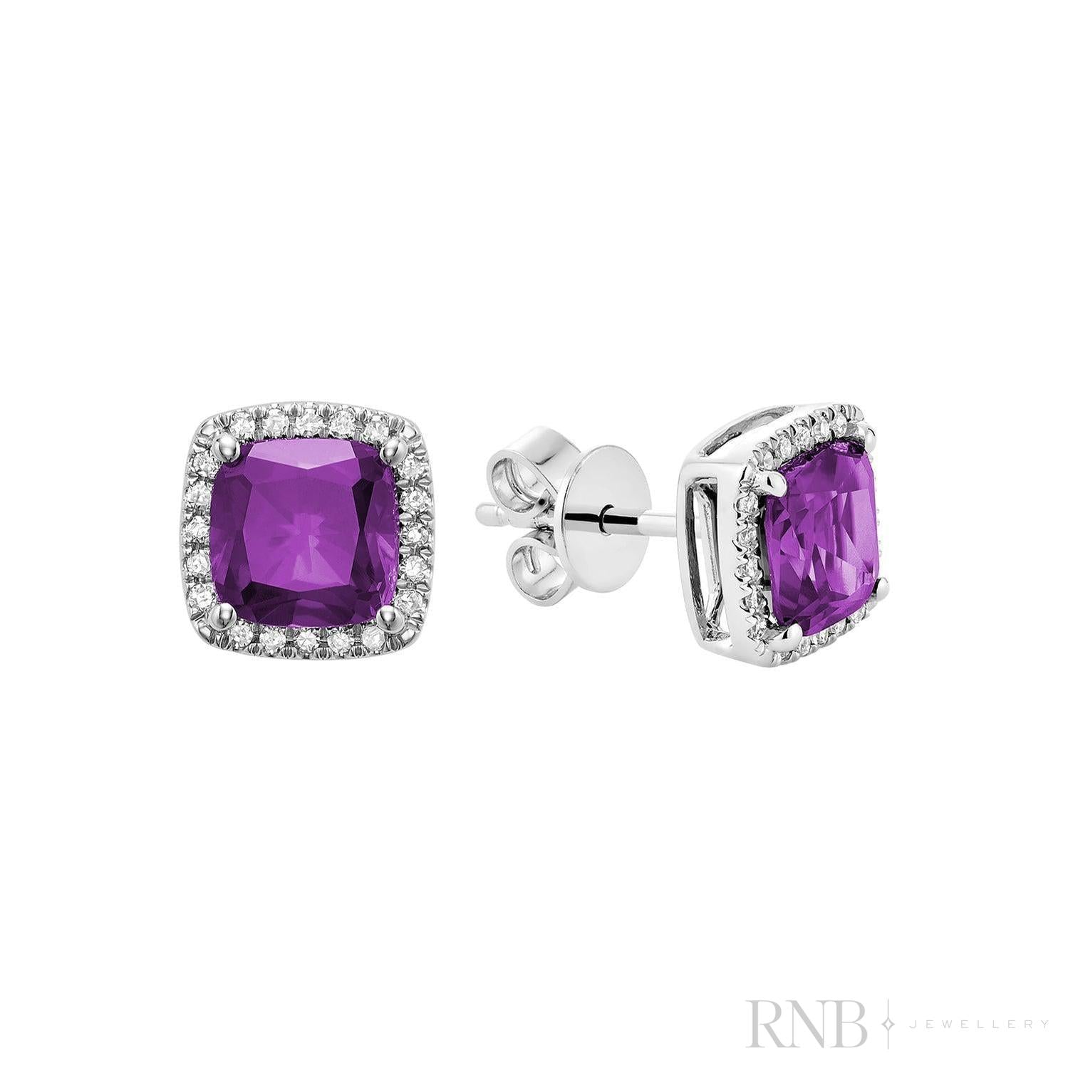 Cushion Colored Stone & Diamond Halo Stud Earrings-RNB Jewellery