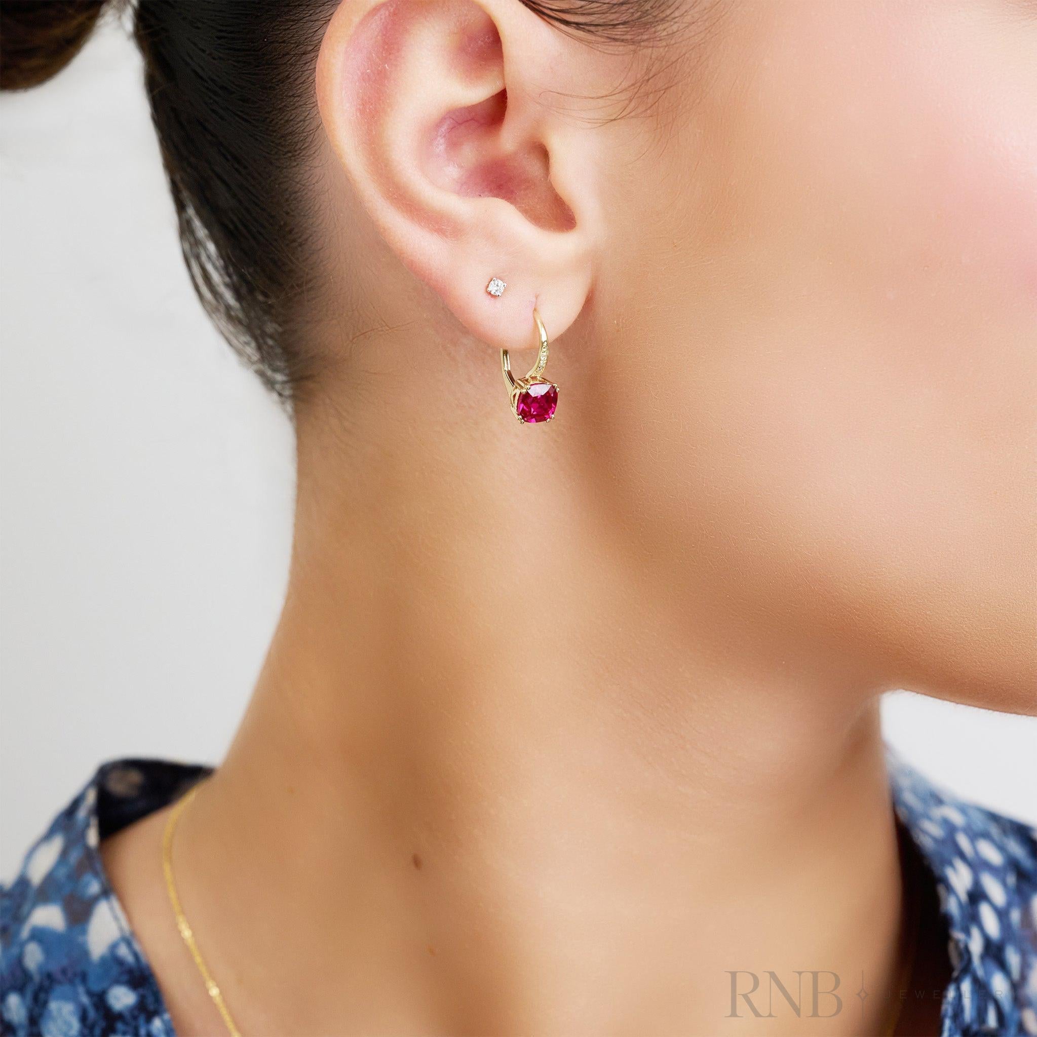 Created Ruby Cushion Cut & Diamond Dangle Earrings-RNB Jewellery