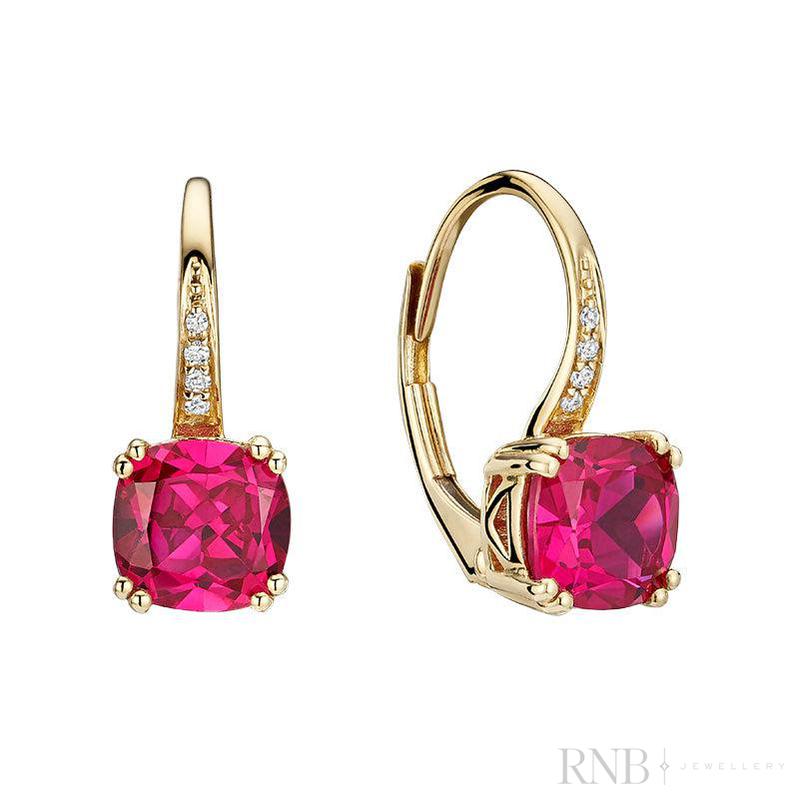 Created Ruby Cushion Cut & Diamond Dangle Earrings-RNB Jewellery