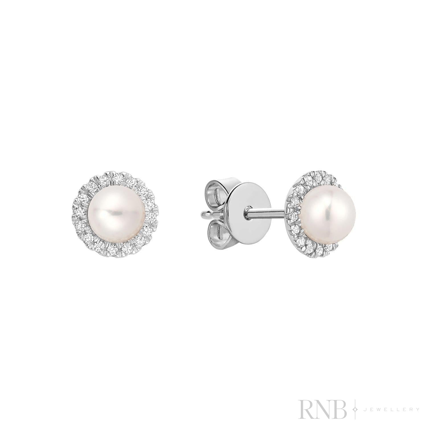 Mini Pearl & Diamond Halo Stud Earrings-RNB Jewellery