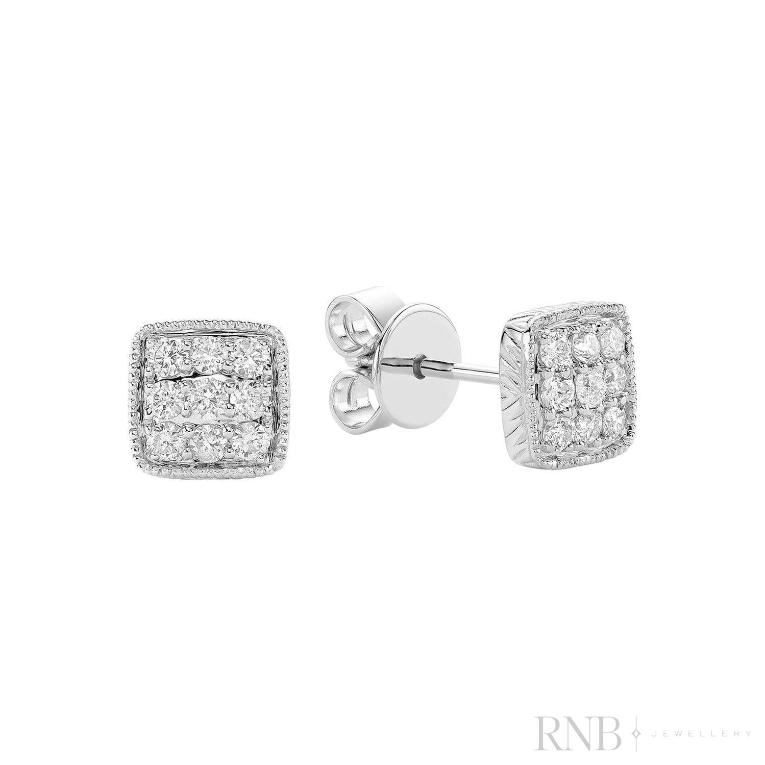 Square Milgrain Diamond Stud Earrings-RNB Jewellery