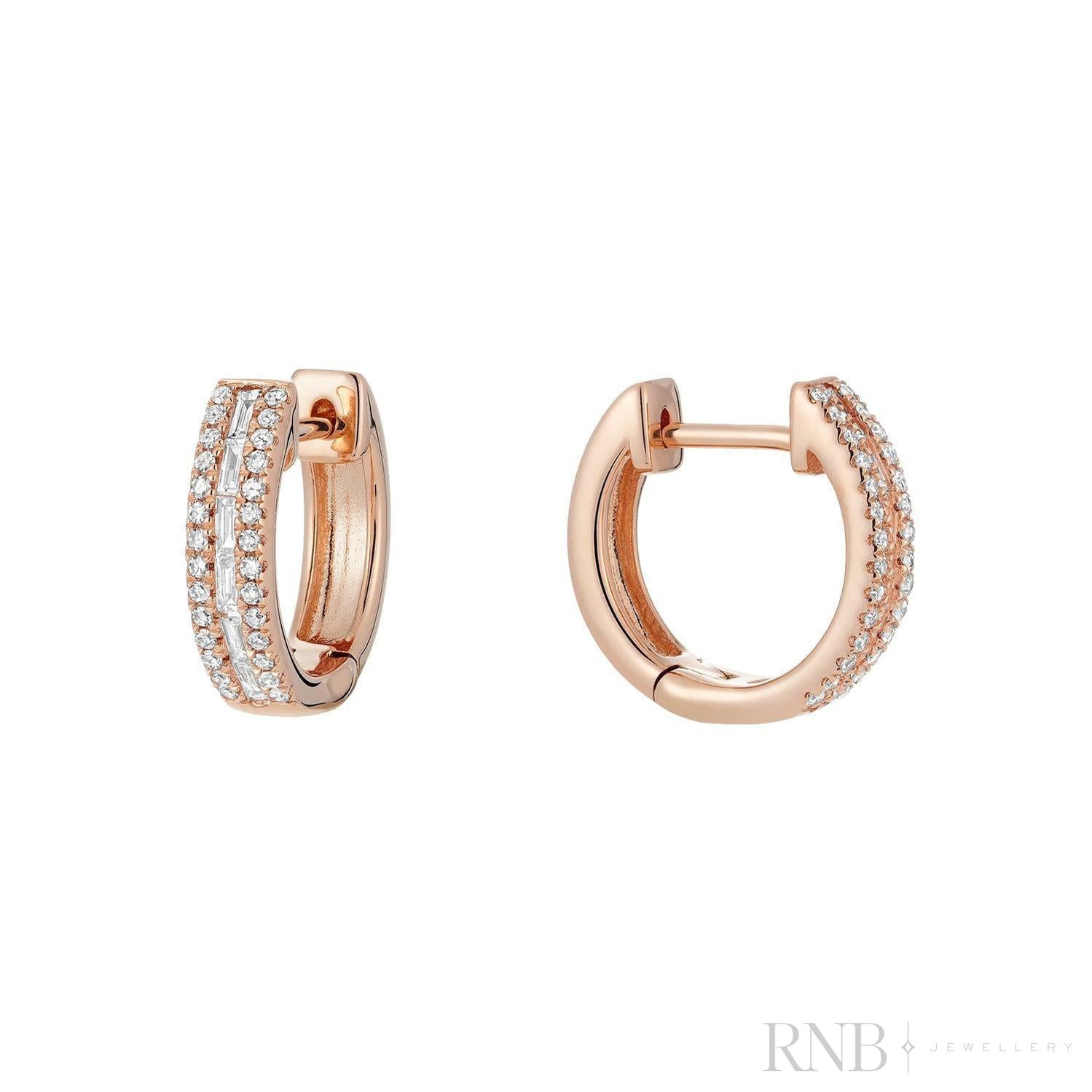 Baguette & Round Diamond Huggie Earrings-RNB Jewellery