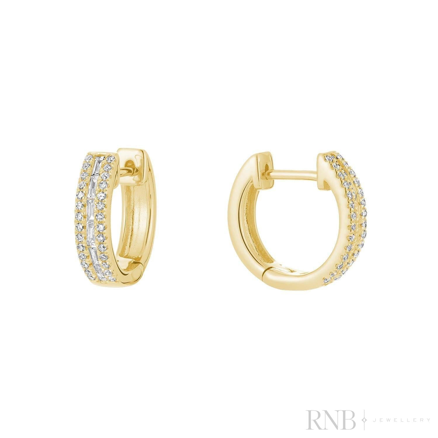 Baguette & Round Diamond Huggie Earrings-RNB Jewellery