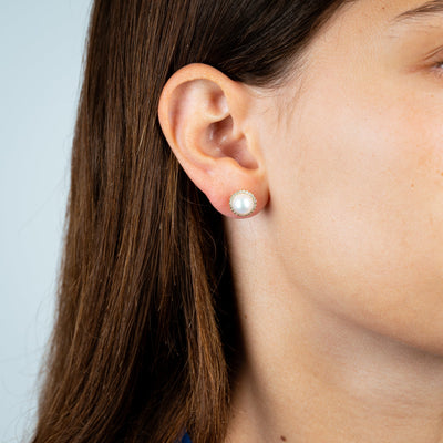 Cultured Freshwater Pearl & Diamond Halo Stud Earrings