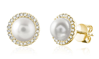 Cultured Freshwater Pearl & Diamond Halo Stud Earrings