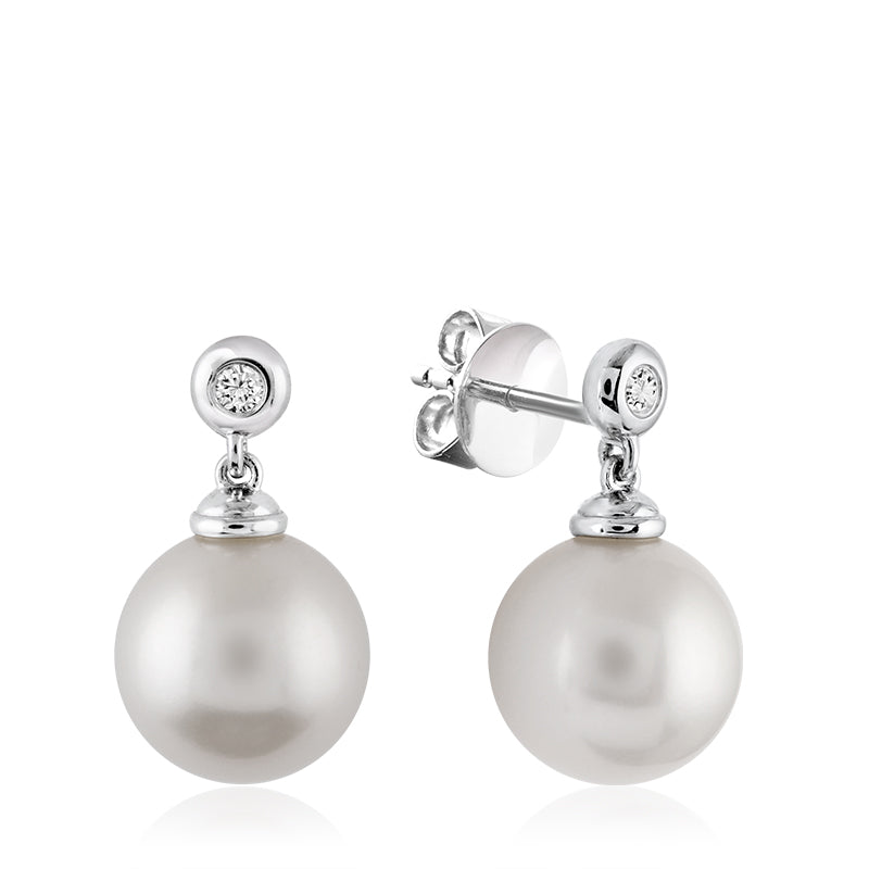 Cultured Freshwater Pearl & Diamond Bezel Set Earrings