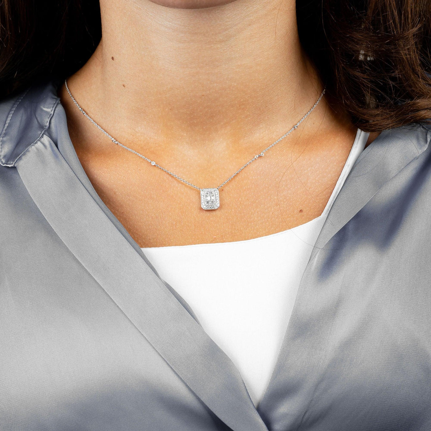 Emerald Cut Illusion Setting Diamond Necklace - RNB Jewellery